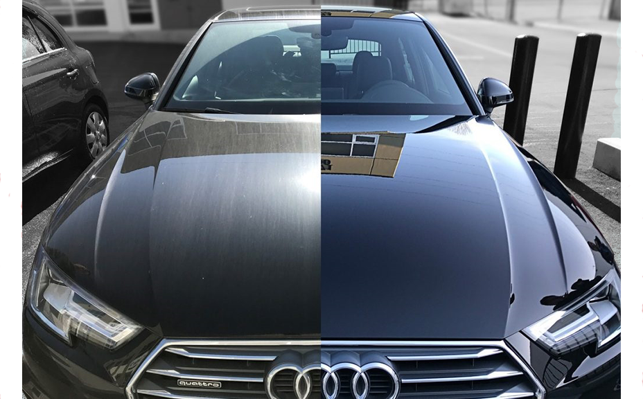 Before and after ceramic coating application showing hydrophobic water beading